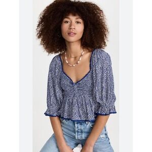 Free People Britnee Printed Babydoll Top Blue Floral Smocked Women's Size Small